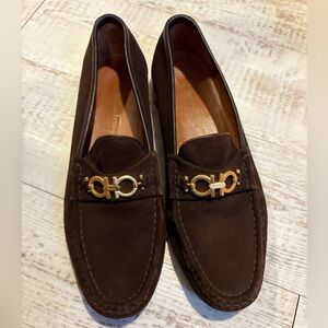 Salvatore Ferragamo Brown Suede Loafers with Gold Gancini | Men’s 11